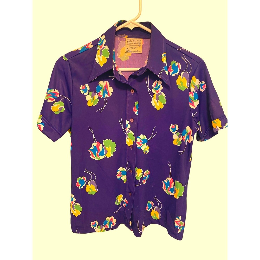 Vintage Sears Shirt Button Down 70s Dagger Collar  Perma-Prest Purple Floral 14